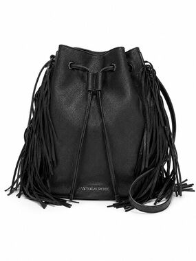 Victoria’s Secret Black Fringe Bucket Bag Drawstring Faux Leather Boho Purse NWT